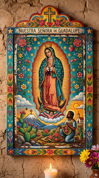 Our Lady of Guadalupe wooden retablo folk art catholic painting