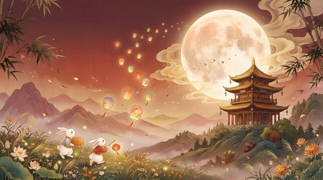 Asian pagoda with illuminated lanterns and rabbits in a scenic landscape