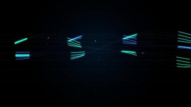 Blue digital rectangles moving in curved wave on black background