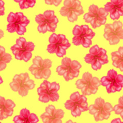 Tropical hibiscus flowers seamless pattern. Hawaiian retro textile print abstract florals. Tropical bloom for aloha shirt fabric. © MichiruKayo
