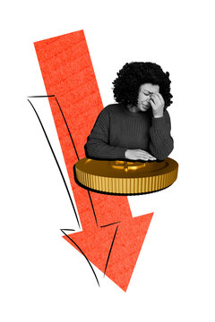 Vertical photo collage of upset american girl cry sit coin arrow decline work problem recession bankrupt isolated on painted background