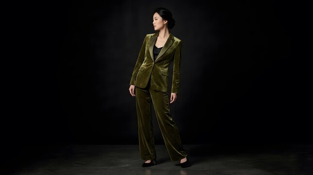 Stylish woman in olive green velvet suit posing against black background.