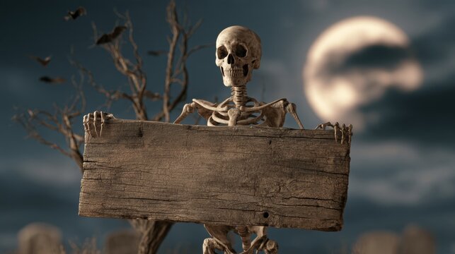 A skeleton holding an empty wooden sign in a graveyard at night, with bats and the moon in the background.