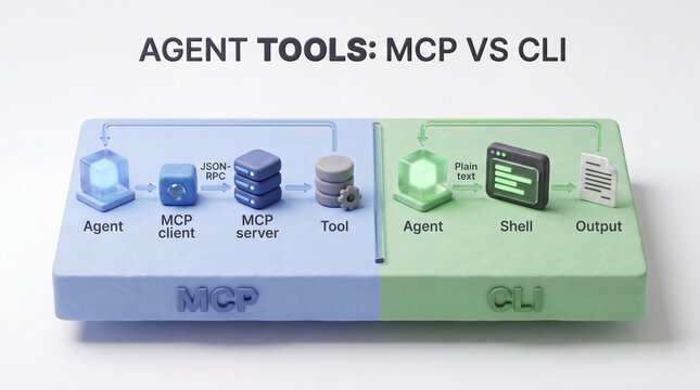 Agent Tools MCP vs CLI Comparison, 3D Infographic of AI Agent Workflow