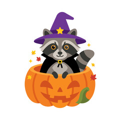 Fototapeta premium Cute cartoon raccoon wearing a pumpkin and wizard hat for halloween