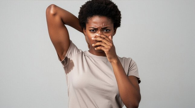 African American woman pinching her nose due to unpleasant body odor and pointing at a large wet sweat stain under her armpit, highlighting hyperhidrosis and hygiene issues, studio shot