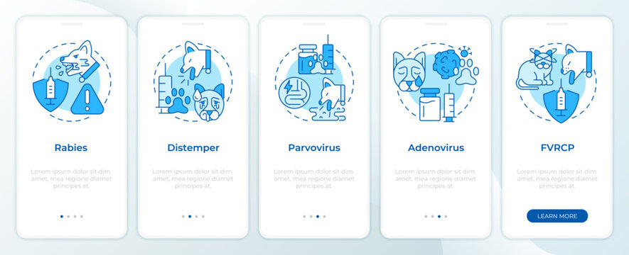 Critical pet vaccine schedules monochrome blue onboarding mobile app screen. Standard pet wellness checkups. UI UX walkthrough 5 steps. Editable graphic instructions with linear concepts