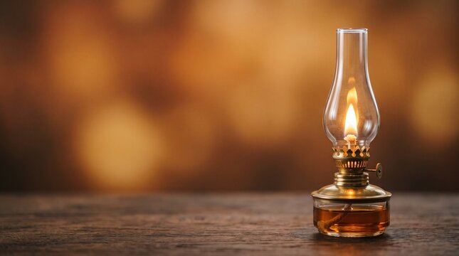 Vintage Burning Kerosene Oil Lamp on Wooden Table with Bokeh Background   