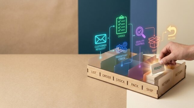 Interactive digital hologram projection of email, checklist, game, search, and delivery icons emerging above a cardboard box with shipping labels and tracking tags