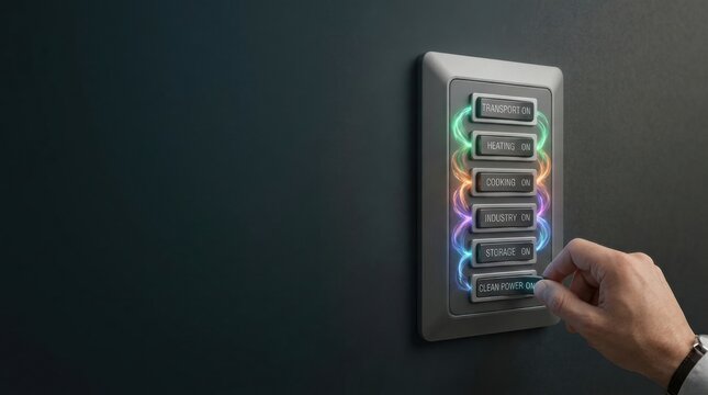 Modern electronic access control panel with colorful illuminated buttons and a person's hand pressing a code using a keycard reader system mounted on a wall
