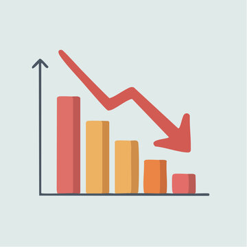 A flat vector illustration shows a bar graph with a red arrow indicating a downward trend.