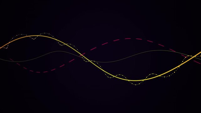 Golden and purple dotted sine waves flowing on dark background