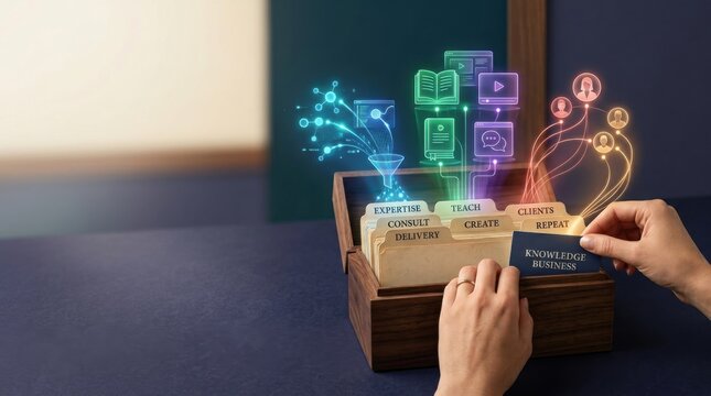 Innovative digital learning and knowledge management concept with holographic icons representing education data and virtual education objects emerging from a wooden box