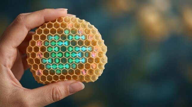 Hand holding a honeycomb with beeswax cells filled with honey and colorful honeycomb pattern in clear focus, natural bee hive structure and apiary concept