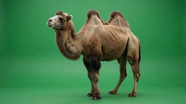 Camel standing in profile isolated against a solid green screen background for easy subject extraction and compositing