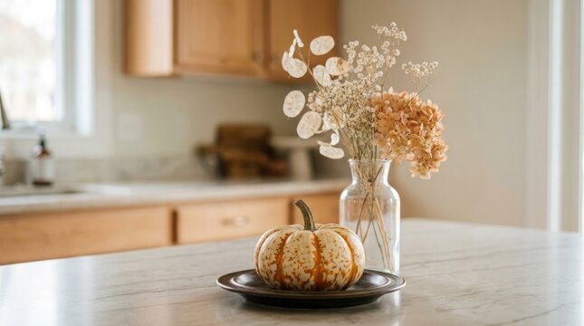 Autumn still life featuring a pumpkin dried flowers and a cozy kitchen interior