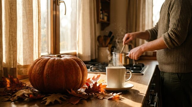 Warm autumn kitchen scene with pumpkin and person adding cream to coffee