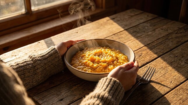 Warm sunlight illuminates a rustic bowl of pasta on a wooden table indoors