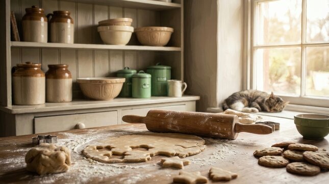 Warm kitchen scene with baking ingredients and rustic pottery on shelves