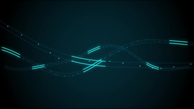 Blue digital rectangles flowing in abstract curved data wave