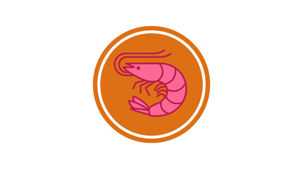 Fototapeta premium Shrimp emblem featuring a pink crustacean graphic centered inside an orange round frame against a white background.