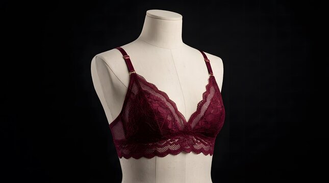 Burgundy lace bralette on a mannequin against a black background.