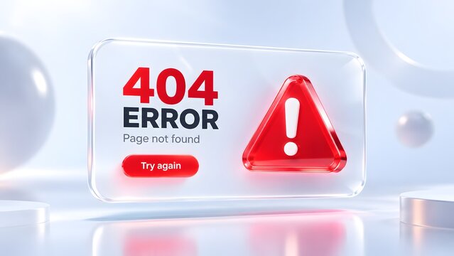 Glassmorphism 404 error interface with glowing red warning triangle in abstract futuristic environment
