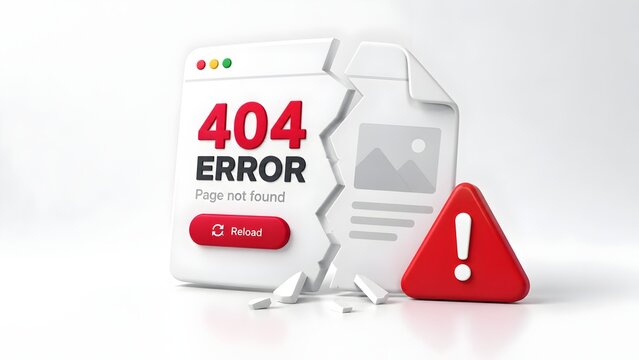 Broken web page 404 error concept with warning triangle and fractured browser interface