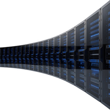 Row of cloud server racks with blue led lights in modern data center isolated on white background
