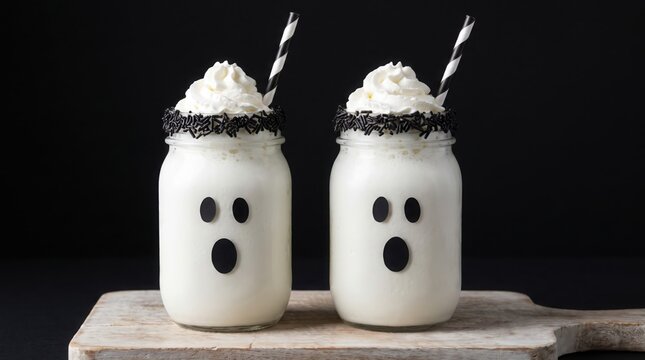 Two ghost milkshakes with whipped cream and black sprinkles served on rustic wooden board.