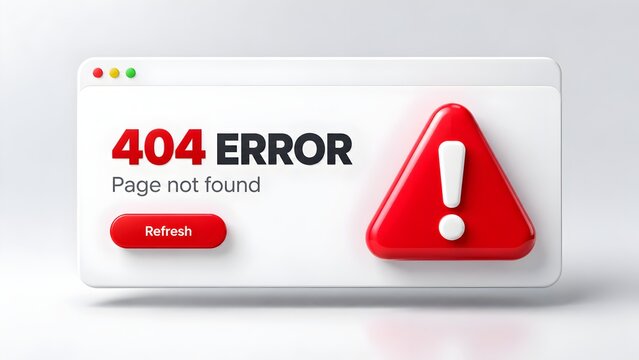 Minimalist floating web browser window showing 404 error page with red alert triangle