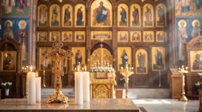 Orthodox golden cross on stone altar table with burning white candles inside grand church.