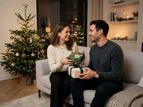 Couple exchanging gifts during Christmas celebration with festive tree and warm lighting