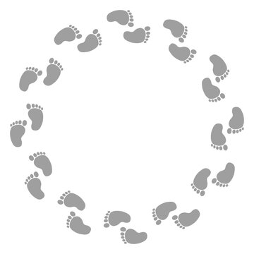 Baby footprint round frame. Baby footstep circle border. Baby circle decorative background. Children footprint silhouette circle border