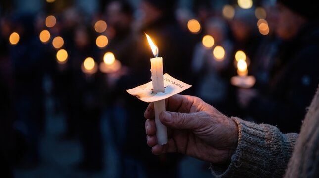 Close up of hand holding burning candle during evening peace vigil with blurred people.