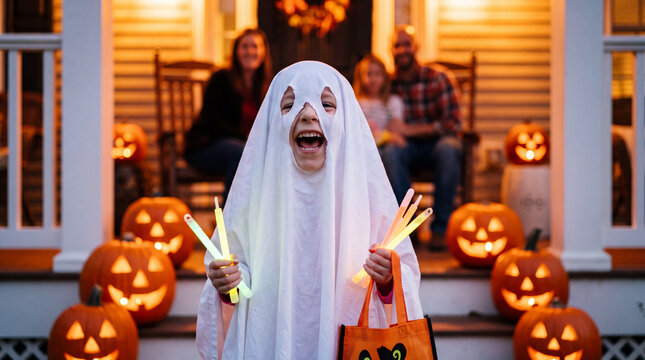 A laughing white girl child in a ghost costume holding a pumpkin celebrating Halloween with family at an autumn fall October holiday celebration for poster.
