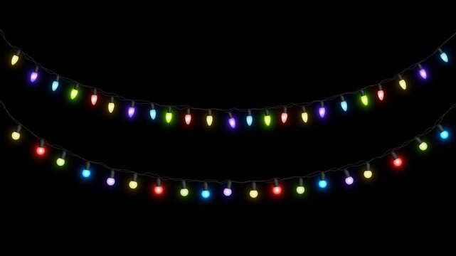Colorful Christmas String Lights Blinking Isolated Alpha Channel Loop Animation for New Year and Holiday and Birthday Videos Overlay Motion design element
