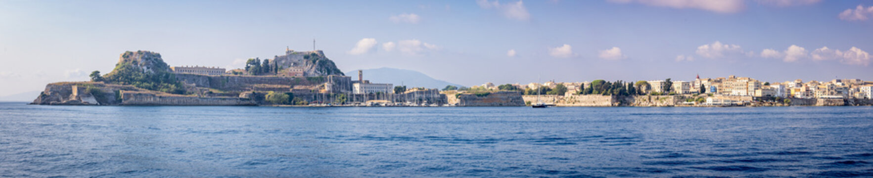Panoramic image of Corfu City with fortress. Image taken from the sea. Island of Corfu, Greece.