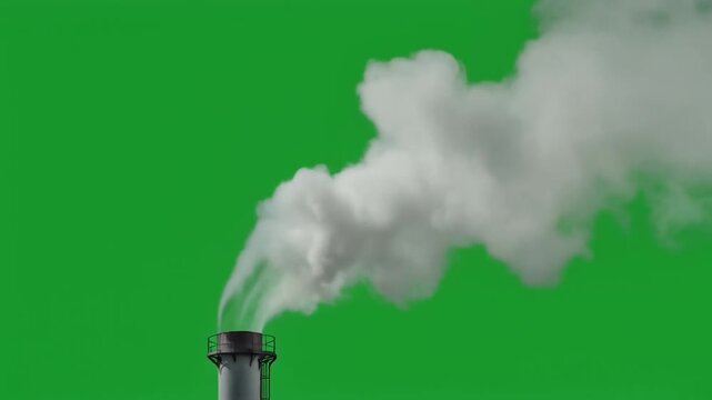 Industrial chimney stack emitting white smoke against a green screen background