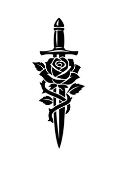 Black silhouette of a dagger with a rose wrapped around it on white background