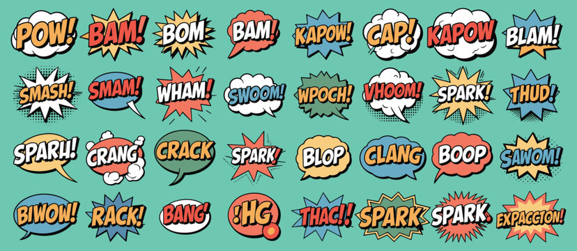 Comic book sound effect bubbles set featuring vibrant colors and expressive typography elements for dynamic graphic design projects