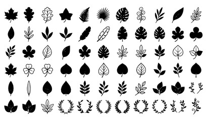 Obraz premium Tropical and Autumn Leaf Silhouette Set with Monstera Maple Fern Laurel Wreaths and Botanical Foliage Elements for Corporate Logos Wedding Stationery and Eco Branding