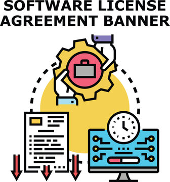 Software license agreement process illustrating legal documentation, user acceptance, download status, and installation progress on a computer screen
