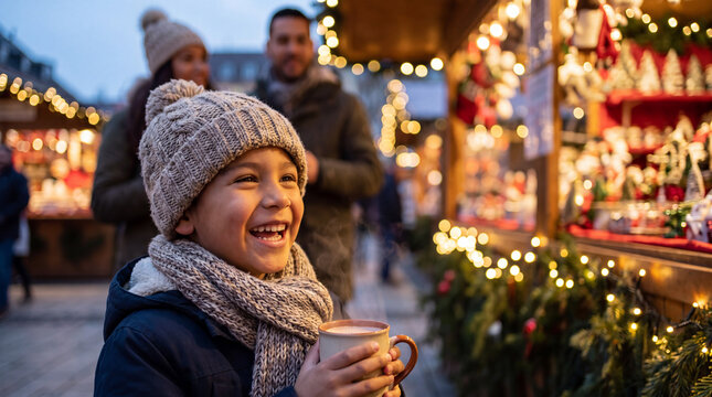 A cheerful 6-year-old Latino boy holding hot cocoa at a Christmas market with family for holiday advertisement.