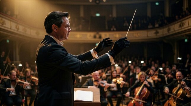 Side view of male orchestra conductor in black gloves holding baton to direct classical musicians performing on theater stage under warm light, highlighting live symphonic concert and passion