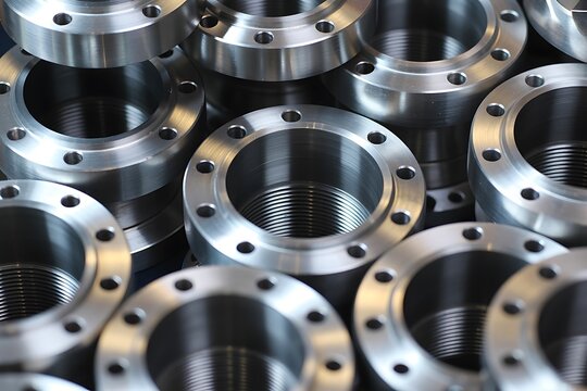 Flanges stack neatly in a manufacturing facility storage area.