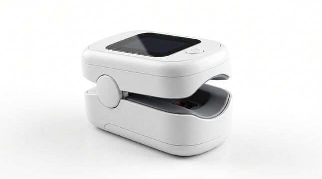Portable pulse oximeter on white background, medical finger oxygen saturation monitor, digital blood oxygen level sensor for healthcare