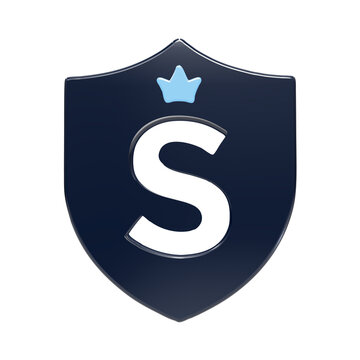 3d rendered shield shape featuring a dark navy blue surface with a centered letter s and a small light blue crown symbol above it isolated on a plain black background, for branding projects