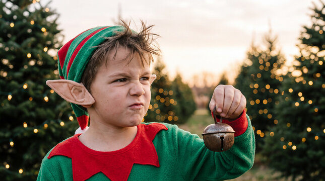 Christmas winter holiday elf boy with jingle bell at tree farm perfect for joyful greeting cards and seasonal social media posts.