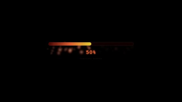 A glowing orange digital progress bar with floating particles advances across a black screen, showing percentages from 11% to 79% as it tracks loading or data processing status.